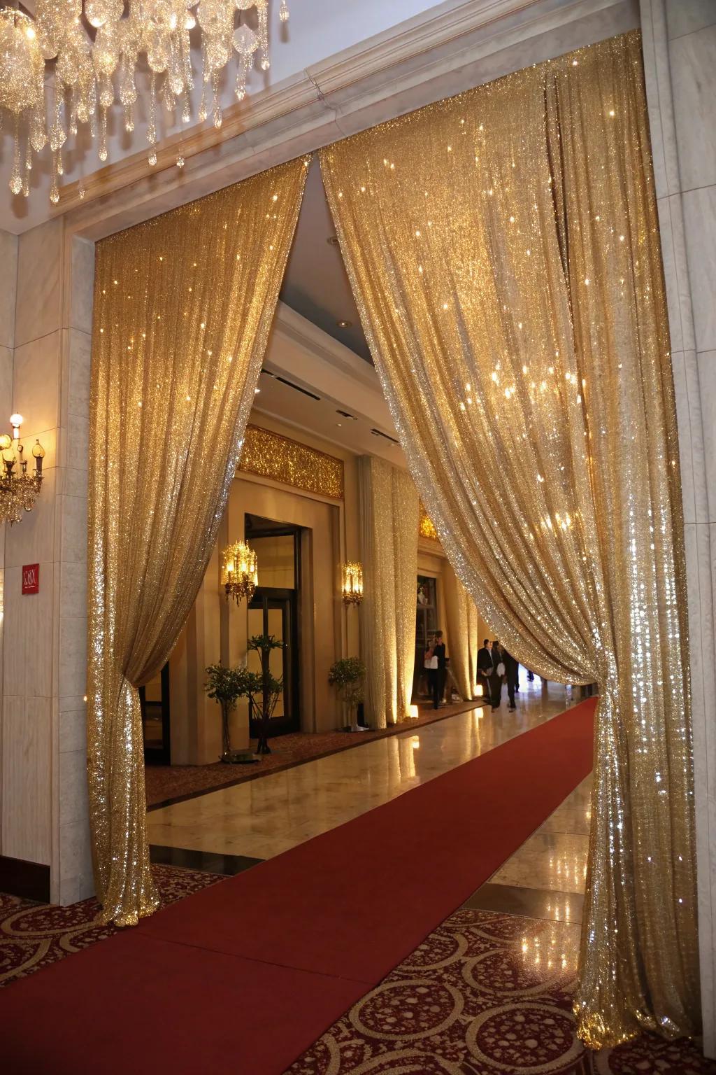 Metallic drapes add glamour and sophistication to entries.