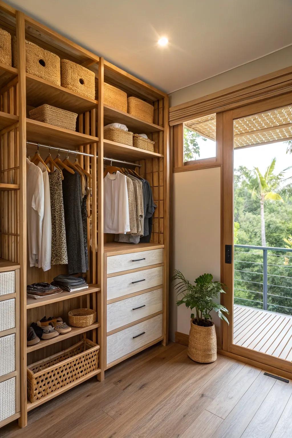 Sustainable materials add beauty and sustainability to a double closet.