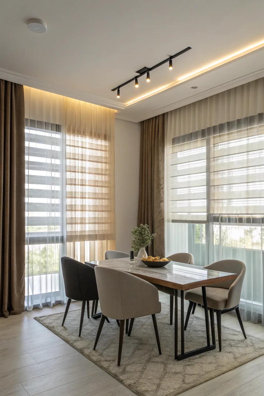 The use of curtains layered over blinds enhances this dining room with style and functionality.