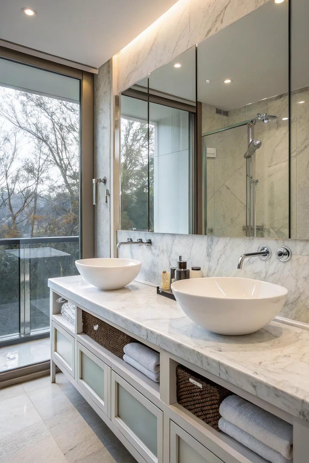 Double vessel sinks create a stunning focal point in this bathroom.
