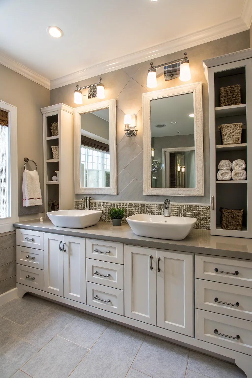 Double storage solutions ensure an organized vanity.
