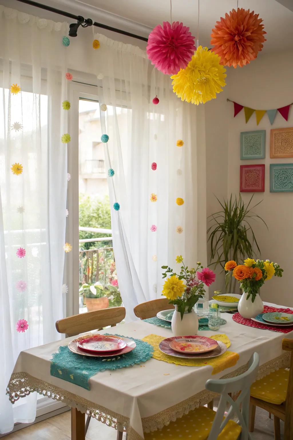 Sheer curtains enhancing light in a bright and elegant dining room.