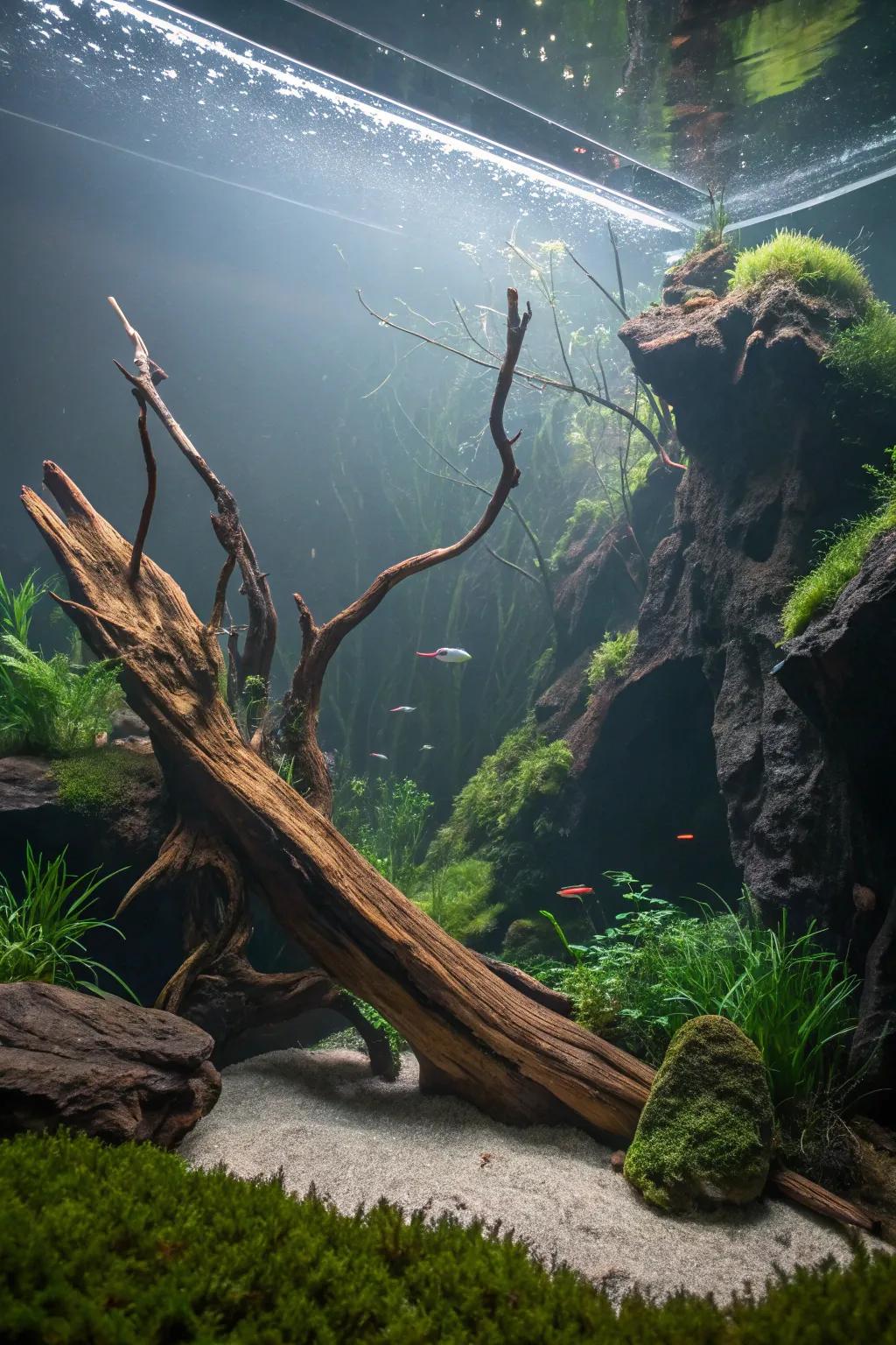 An eerie mystical marsh waterscape featuring moss-covered aquatic wood.