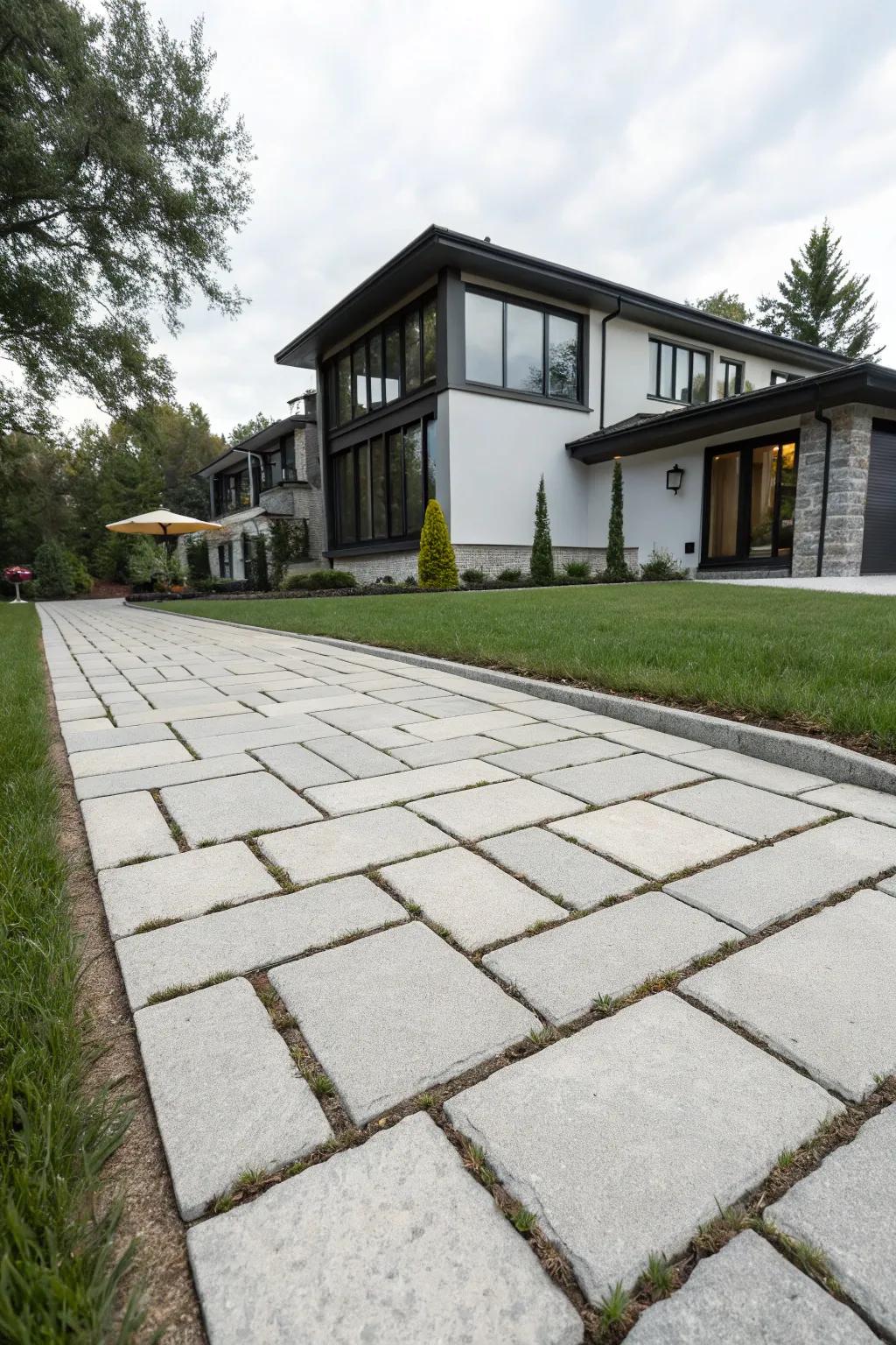 A majestic and contemporary driveway featuring large format pavers.