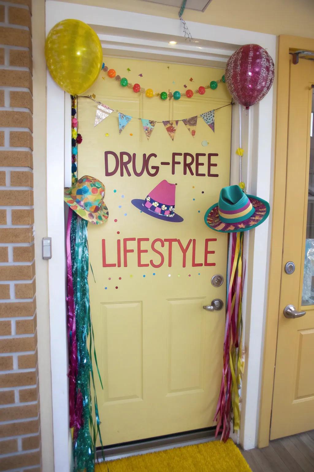 A party-themed door decoration celebrating a substance-free life.