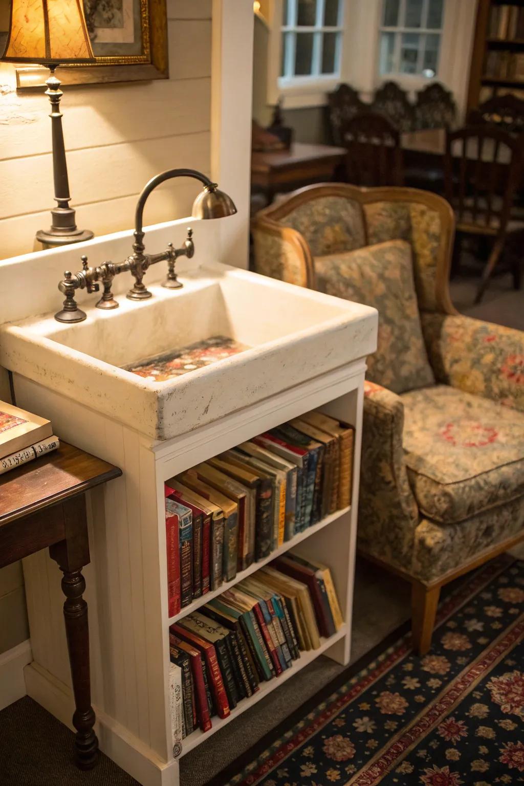 A mini library established from a classic reclaimed storage unit.