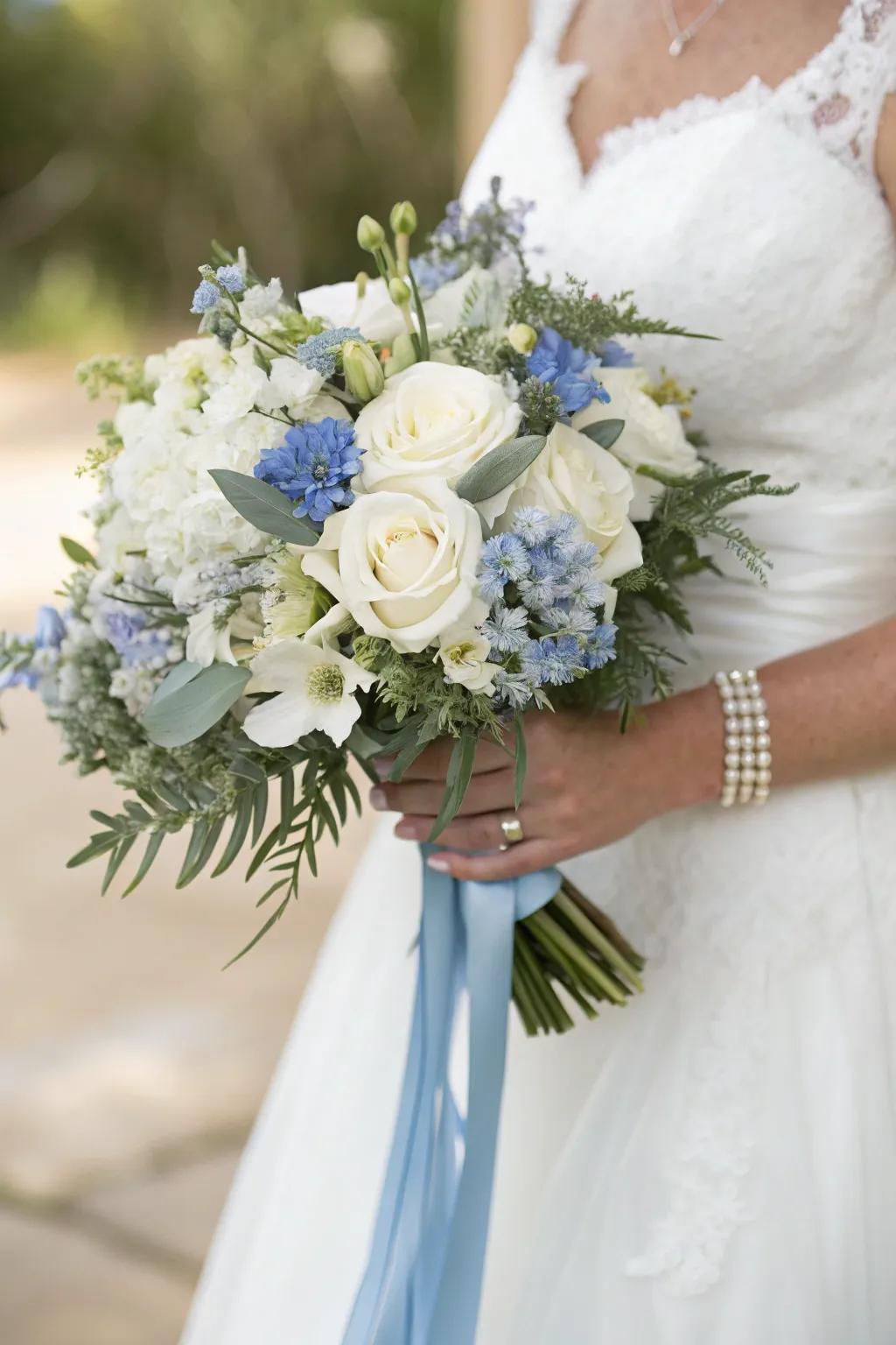 A stunning bridal bouquet secured with a hazy azure ribbon, injecting refinement and allure.