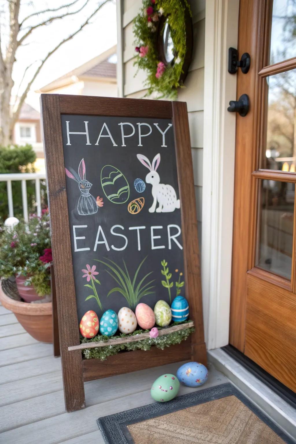 A slate plaque bearing an Easter articulation presents a customizable element.