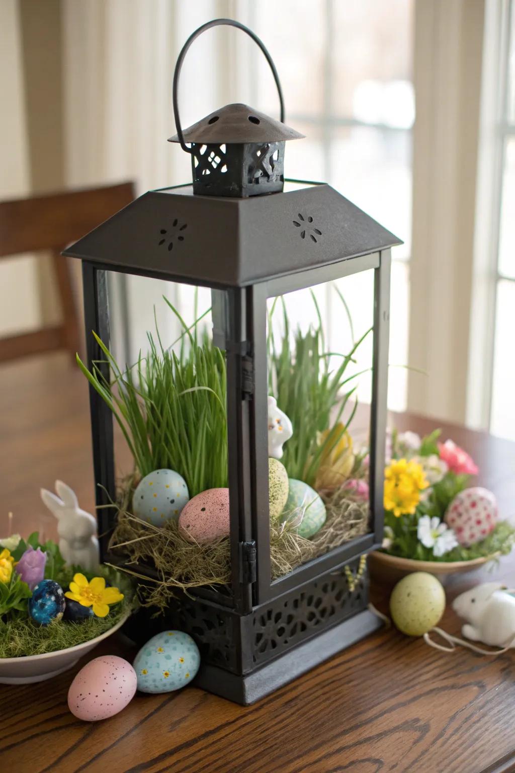 Ornamental turf appends texture and depth to lantern displays.