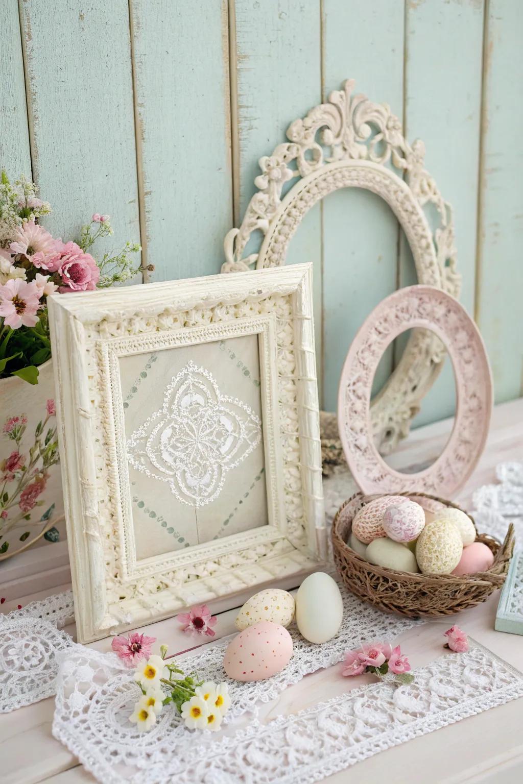 A classic-inspired setting with aged frames and trim lends nostalgic charm to Easter visuals.