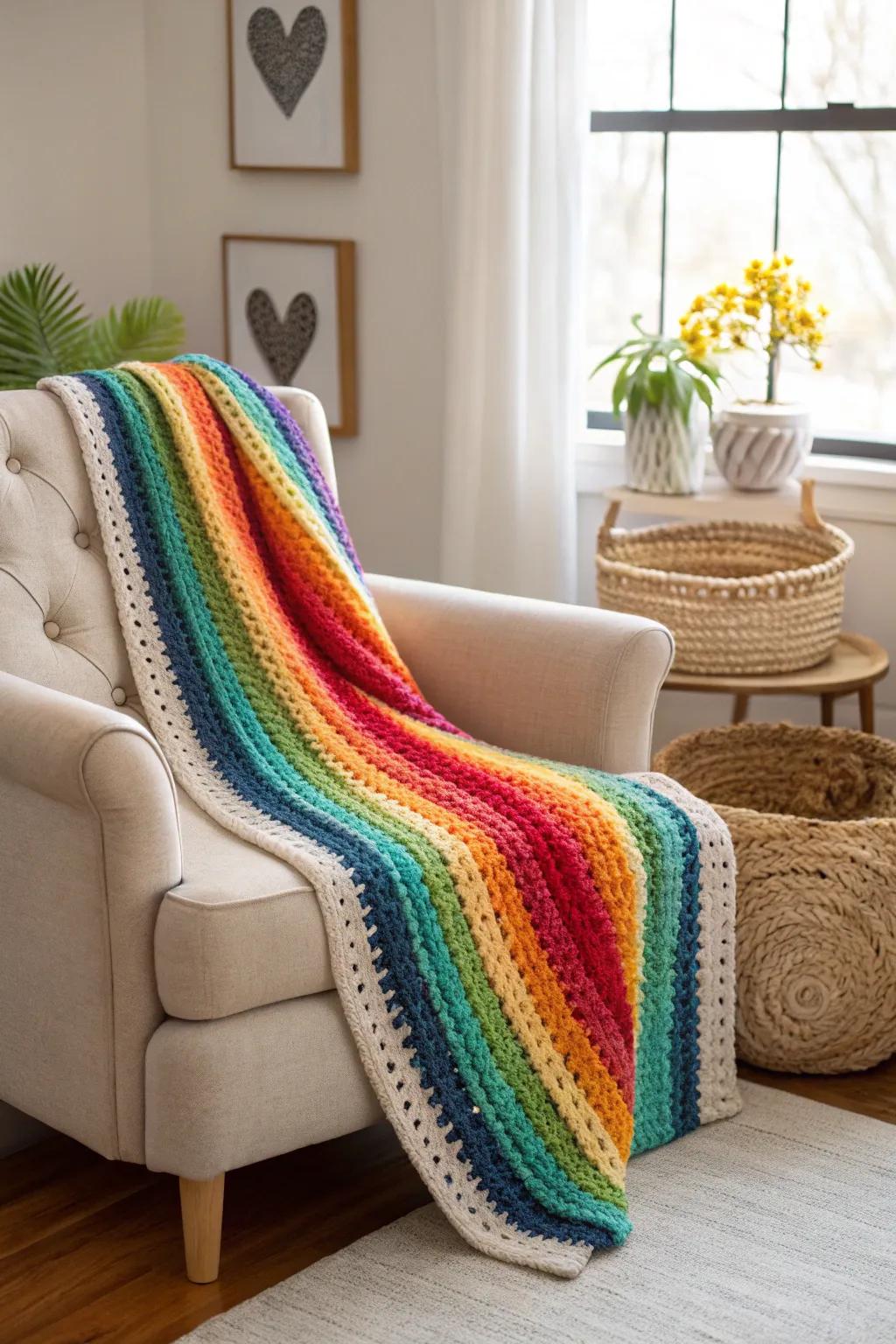 Envelop yourself in the vibrant coziness of a reversible spectrum crochet blanket, where every side is the correct side!