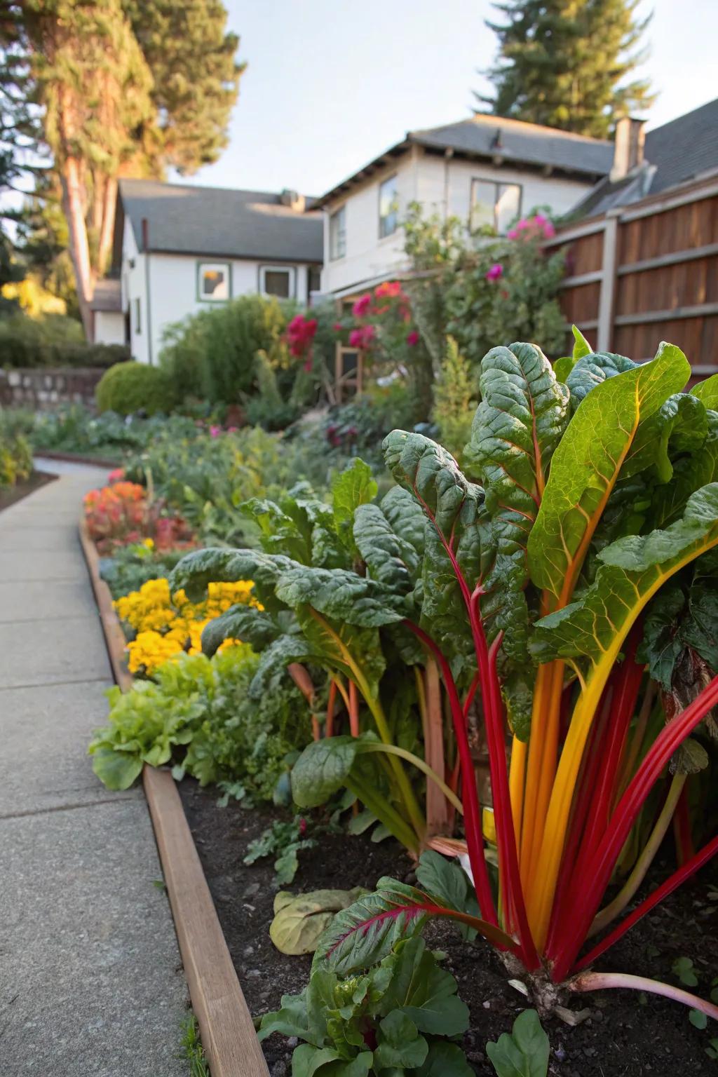Rainbow chard adds vibrant seasonal color to the garden.