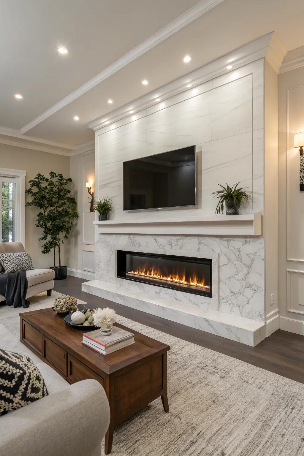 A recessed fireplace has a streamlined, modern look.