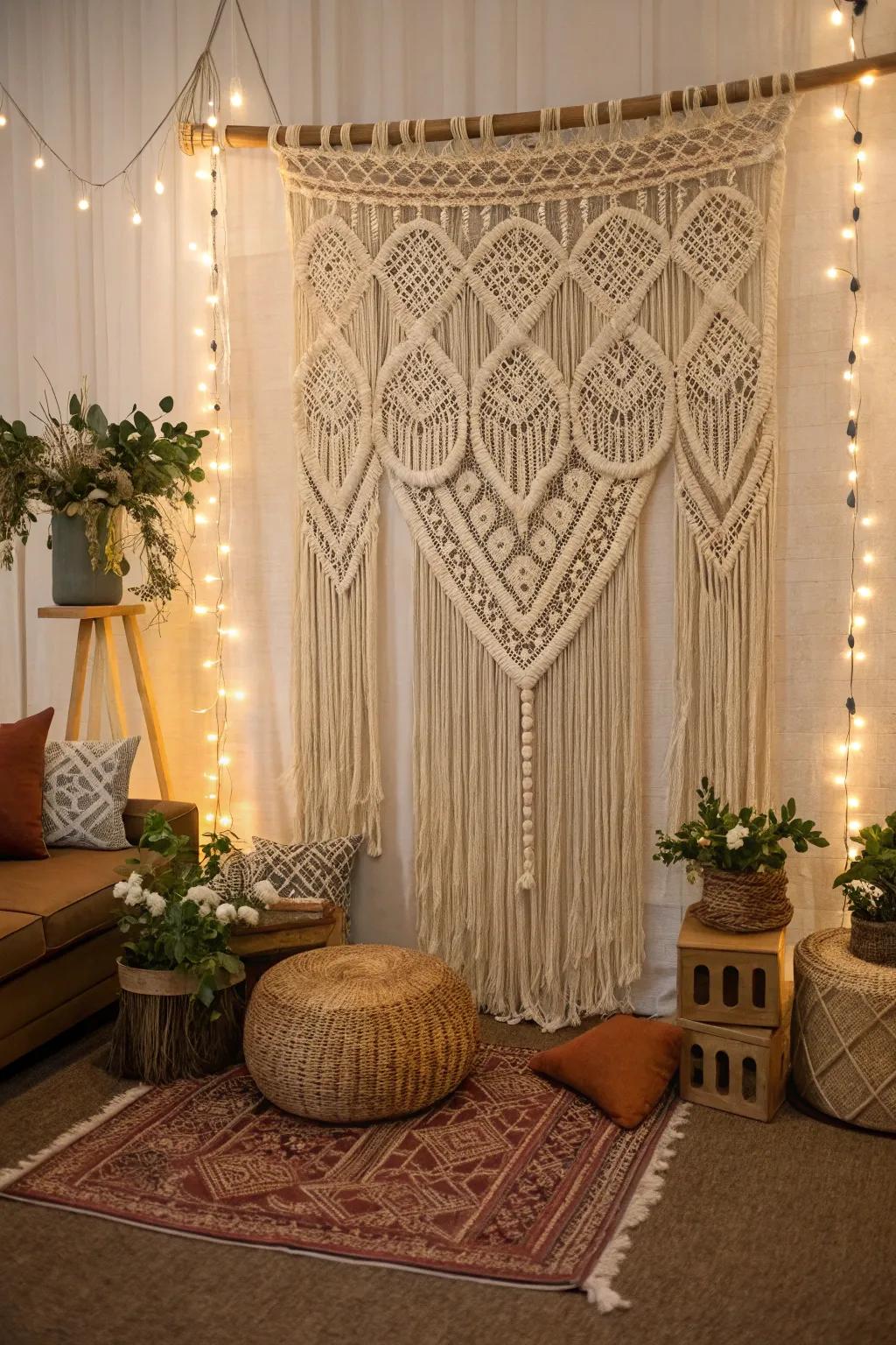 Macrame backdrops breathe texture and bohemian appeal.