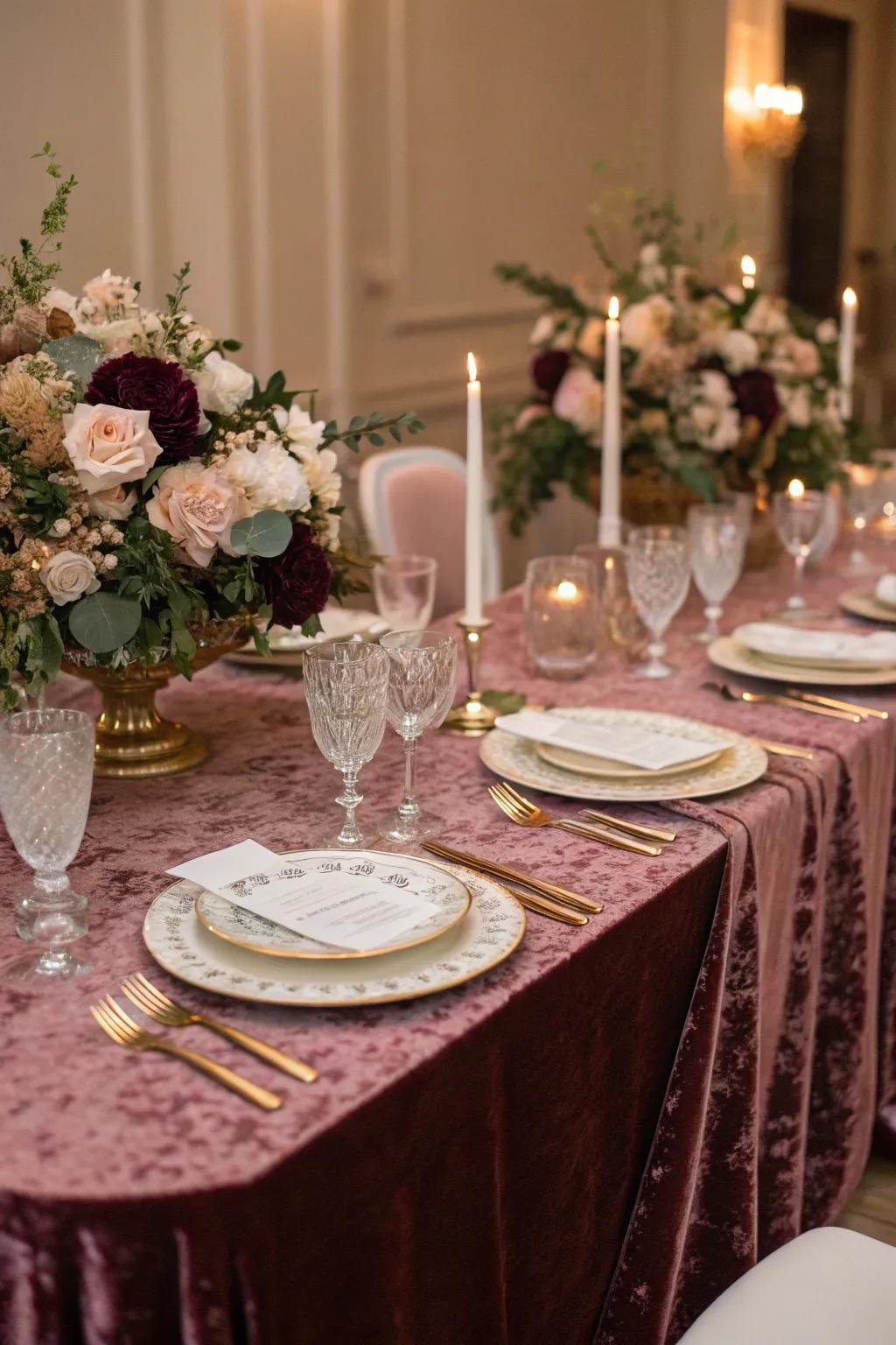 Velvet details contribute a luxurious feel to the tablescape.