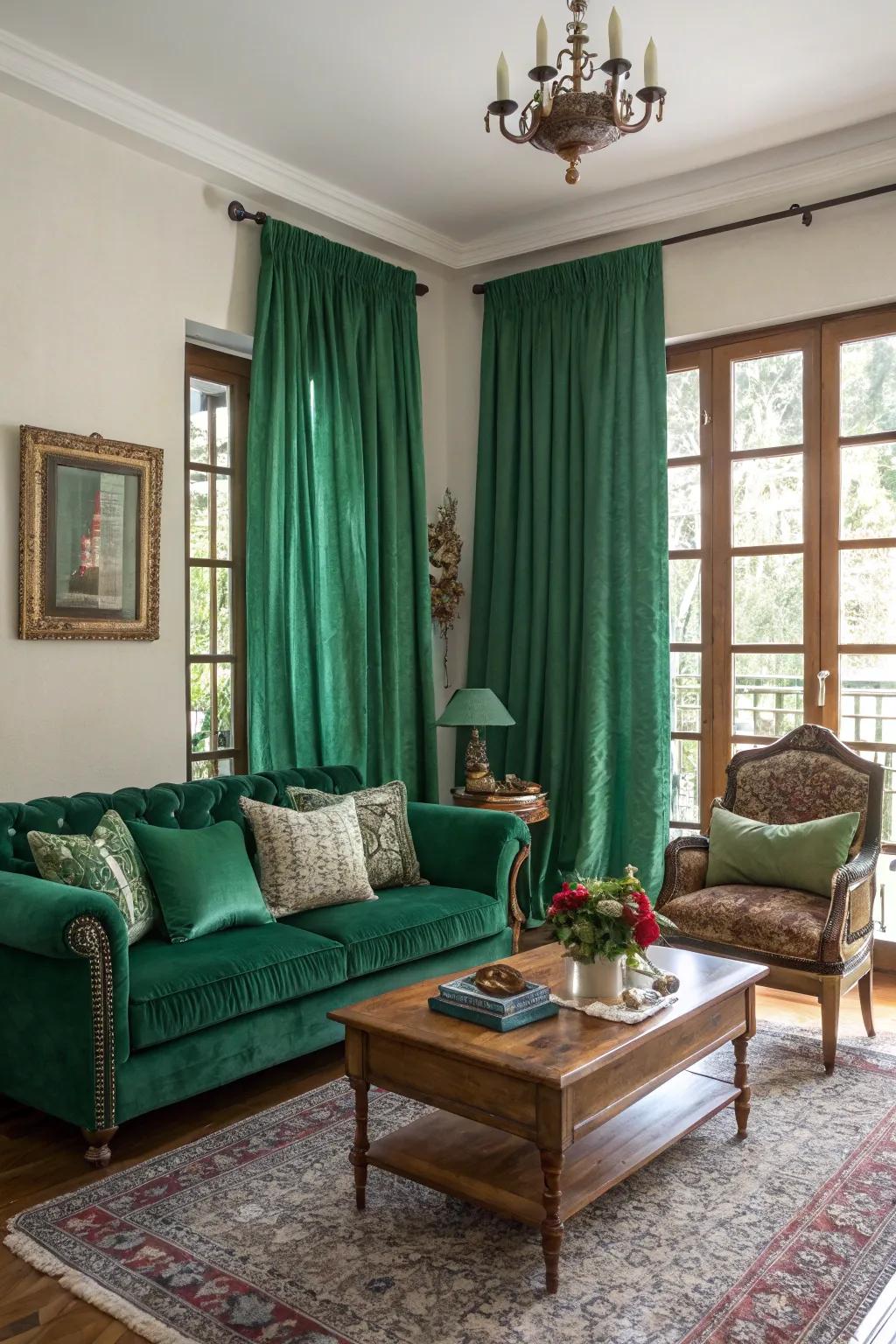 Vintage accents enhance layouts featuring deep green.