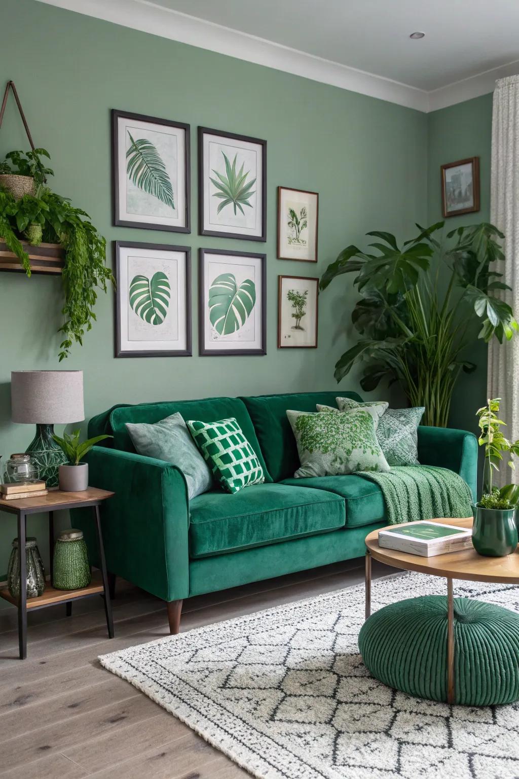 A chic monochrome setting with varying shades of green.