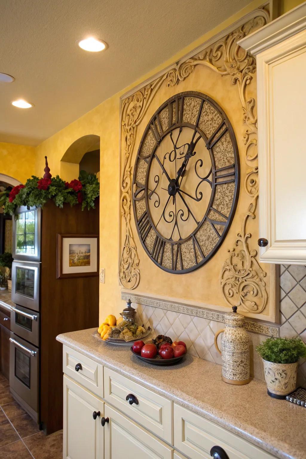 A large clock adds a stylish and functional feature to your kitchen.