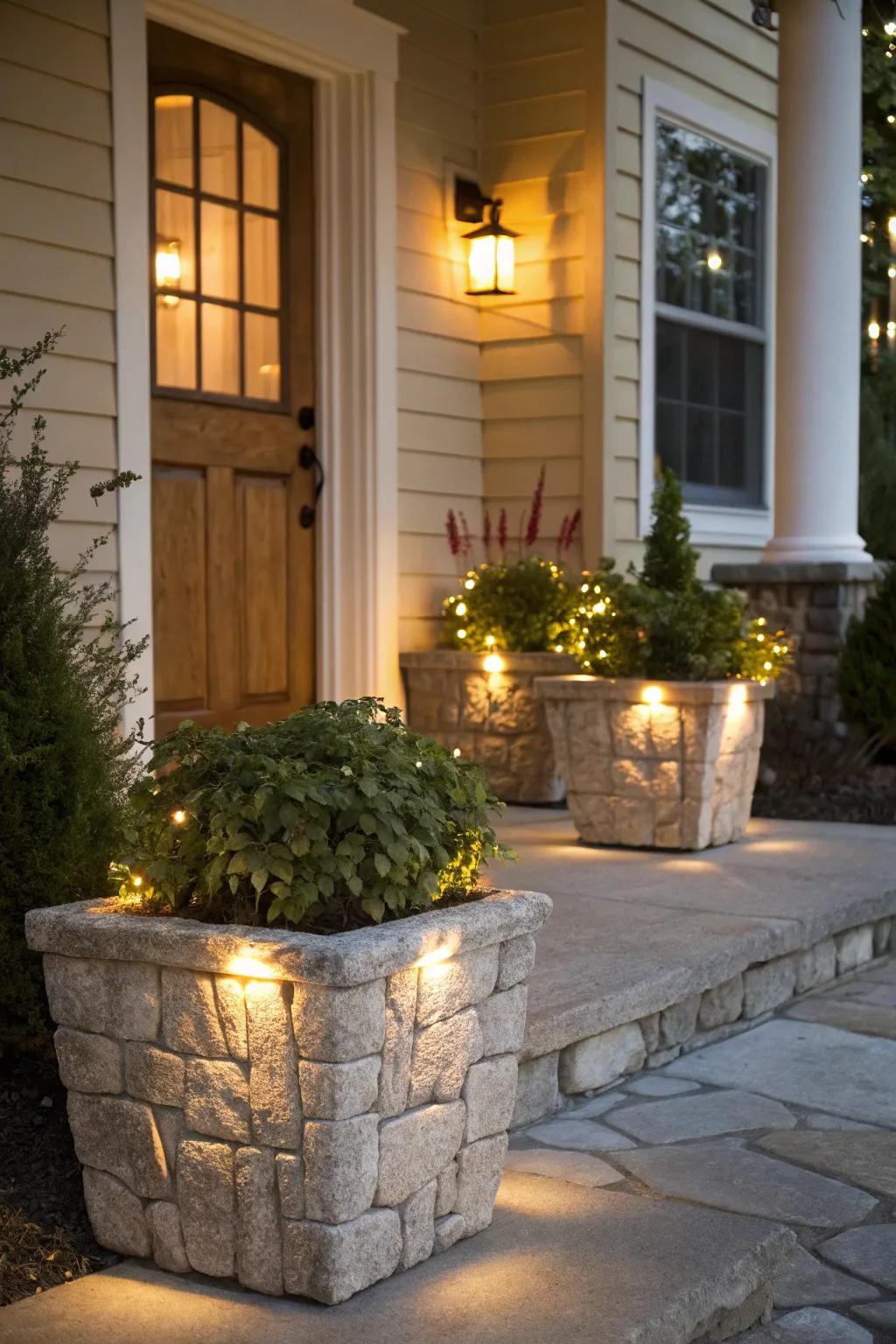 Dual-purpose stone boxes with lights that enhance the porch's ambiance.
