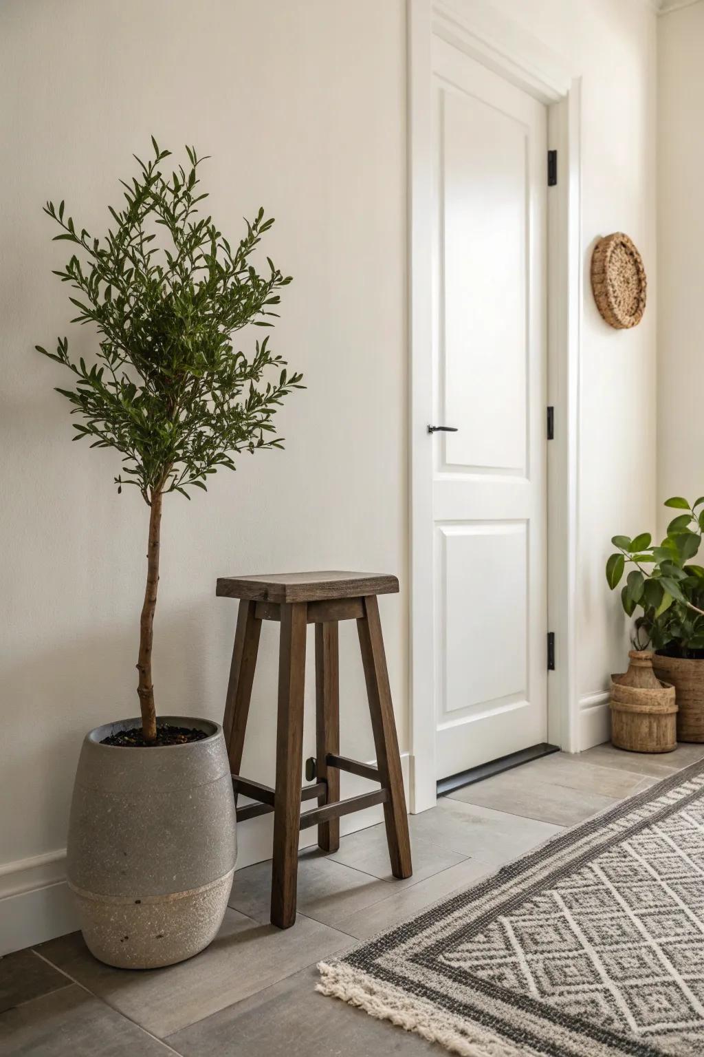 A minimalist strategy fashions a serene entryway nook.