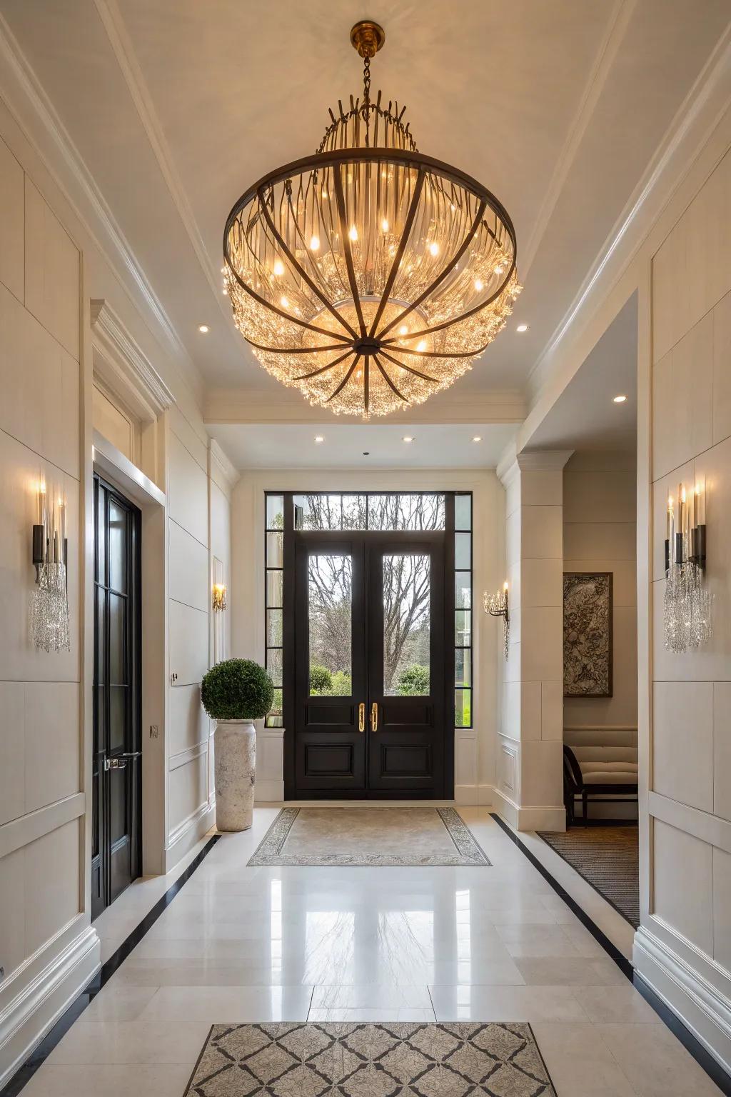 An entrance showcasing an oversized sculptural light fixture to cultivate an audacious statement.