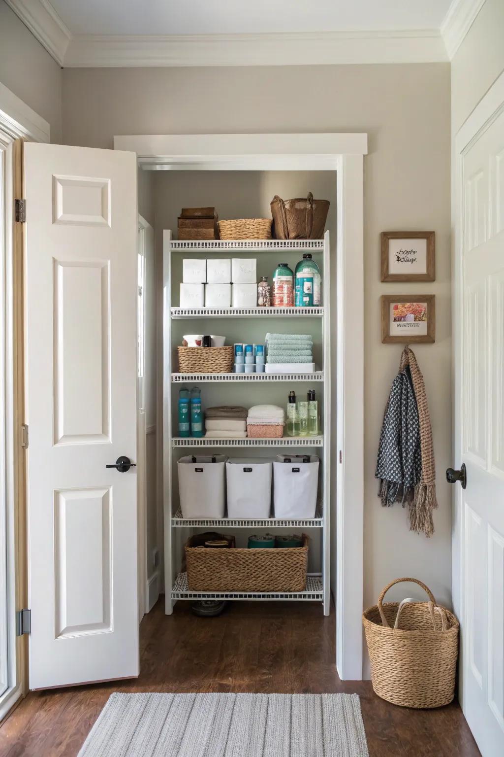 Over-the-door shelving provides extra storage solutions.