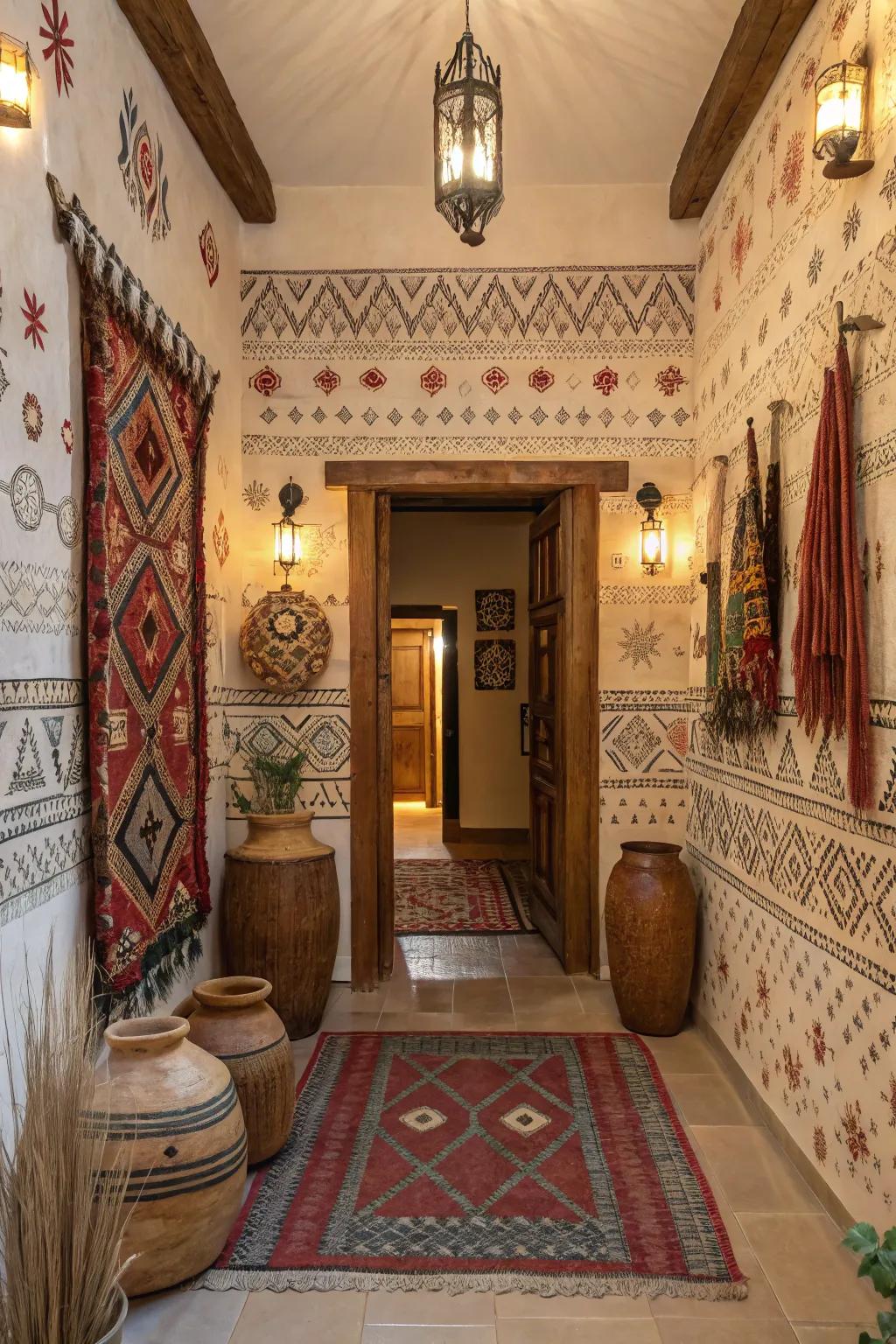 A worldly entryway featured cultural patterned wallpaper, displaying global inspirations.