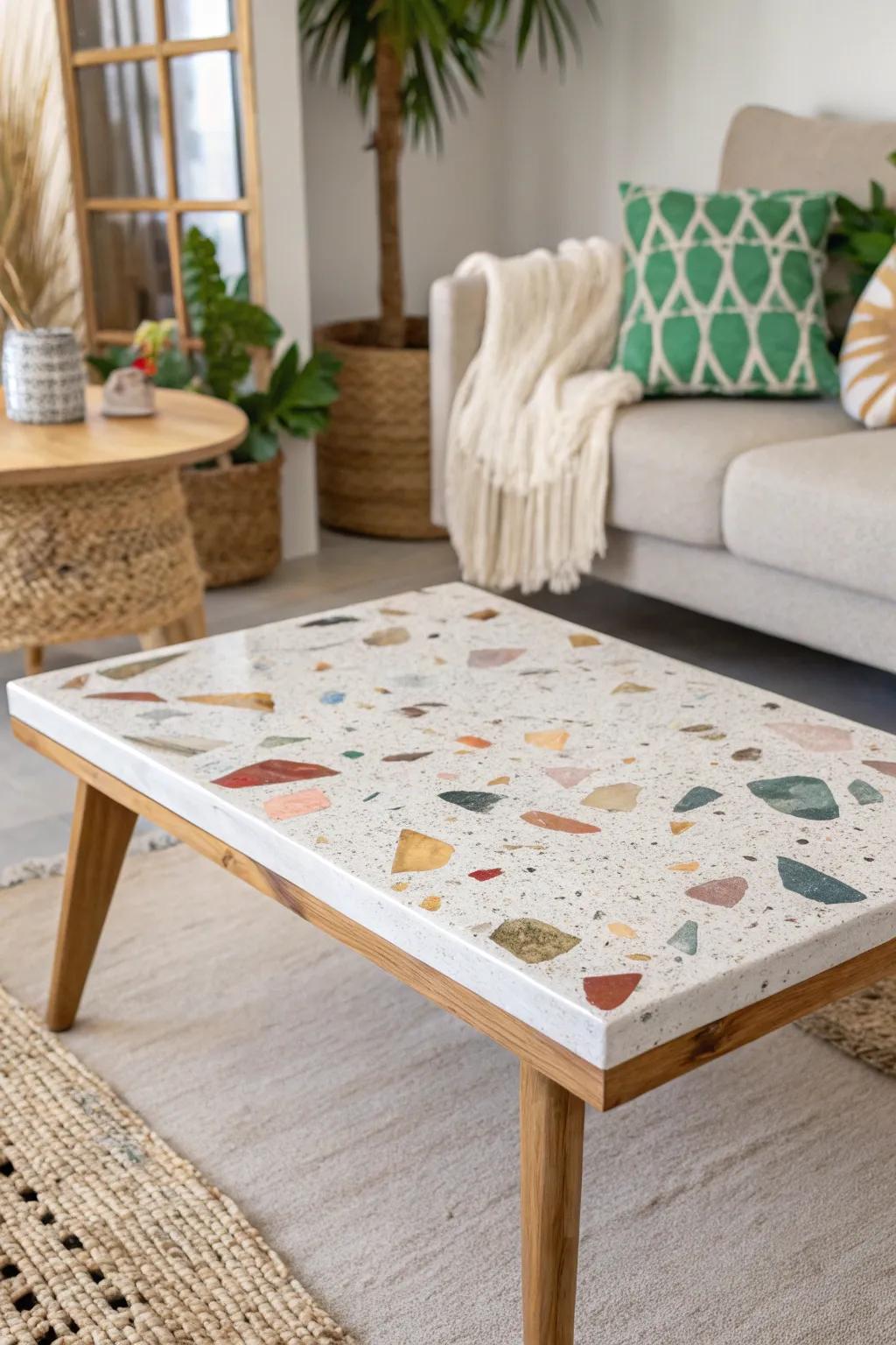 Uncover the artistic charm involving terrazzo incorporating this sensational epoxy resin coffee table, wherein craftsmanship encounters minimalist elegance.