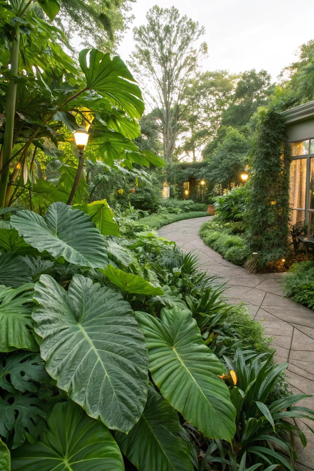 A garden displaying the exotic charm of expansive-leaved evergreens.