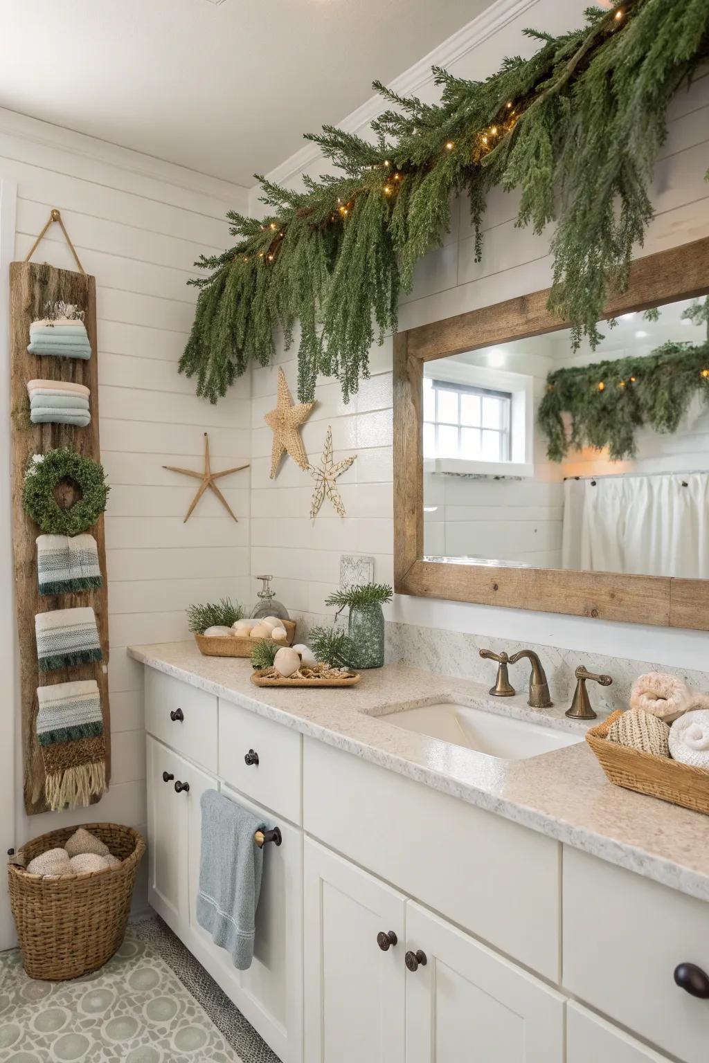 A coastal-inspired swag featuring seashells inside a bathroom.