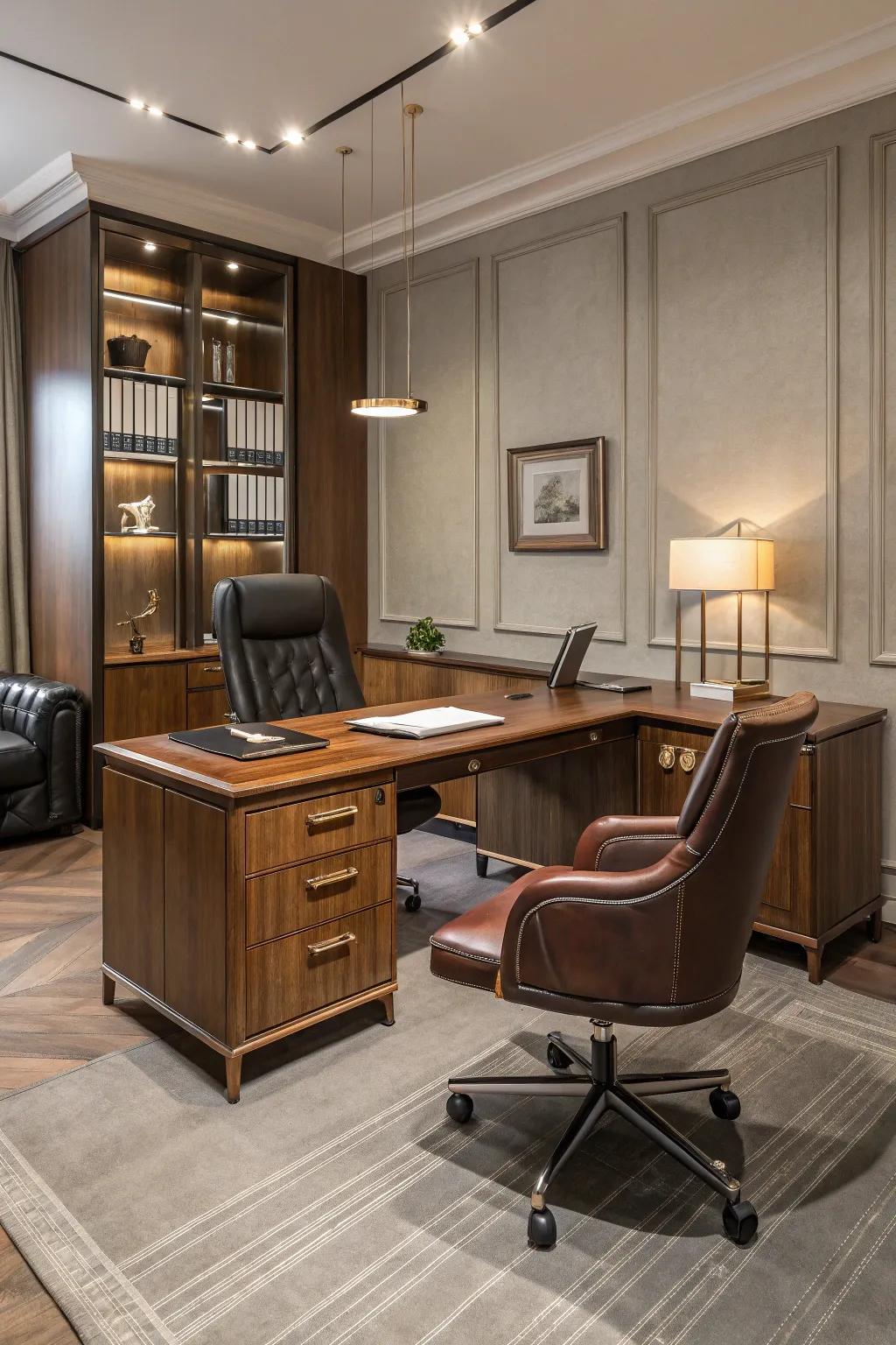 A blend of textures adds depth to this office design.