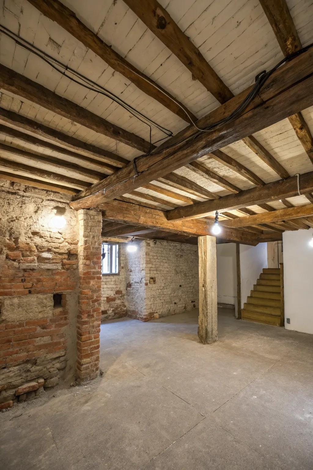 The unrefined splendor of an exposed ceiling highlights the distinctive essence of the area.