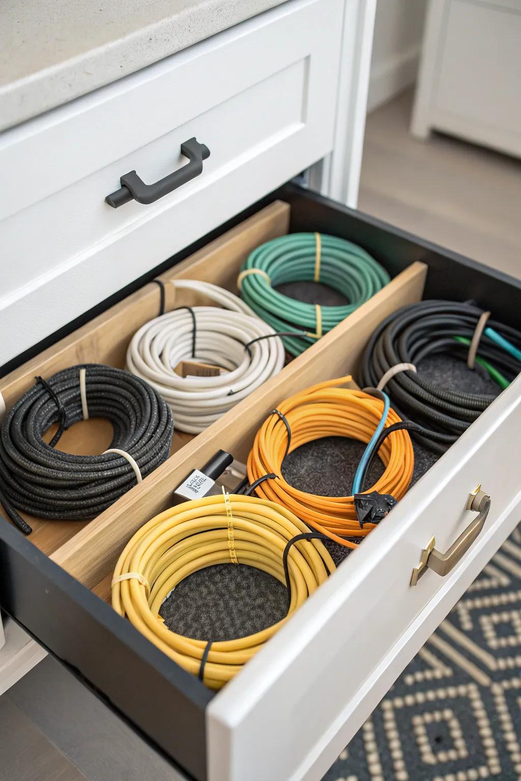 Spiral wrapping with twist ties ensures leads are compact and tidy.