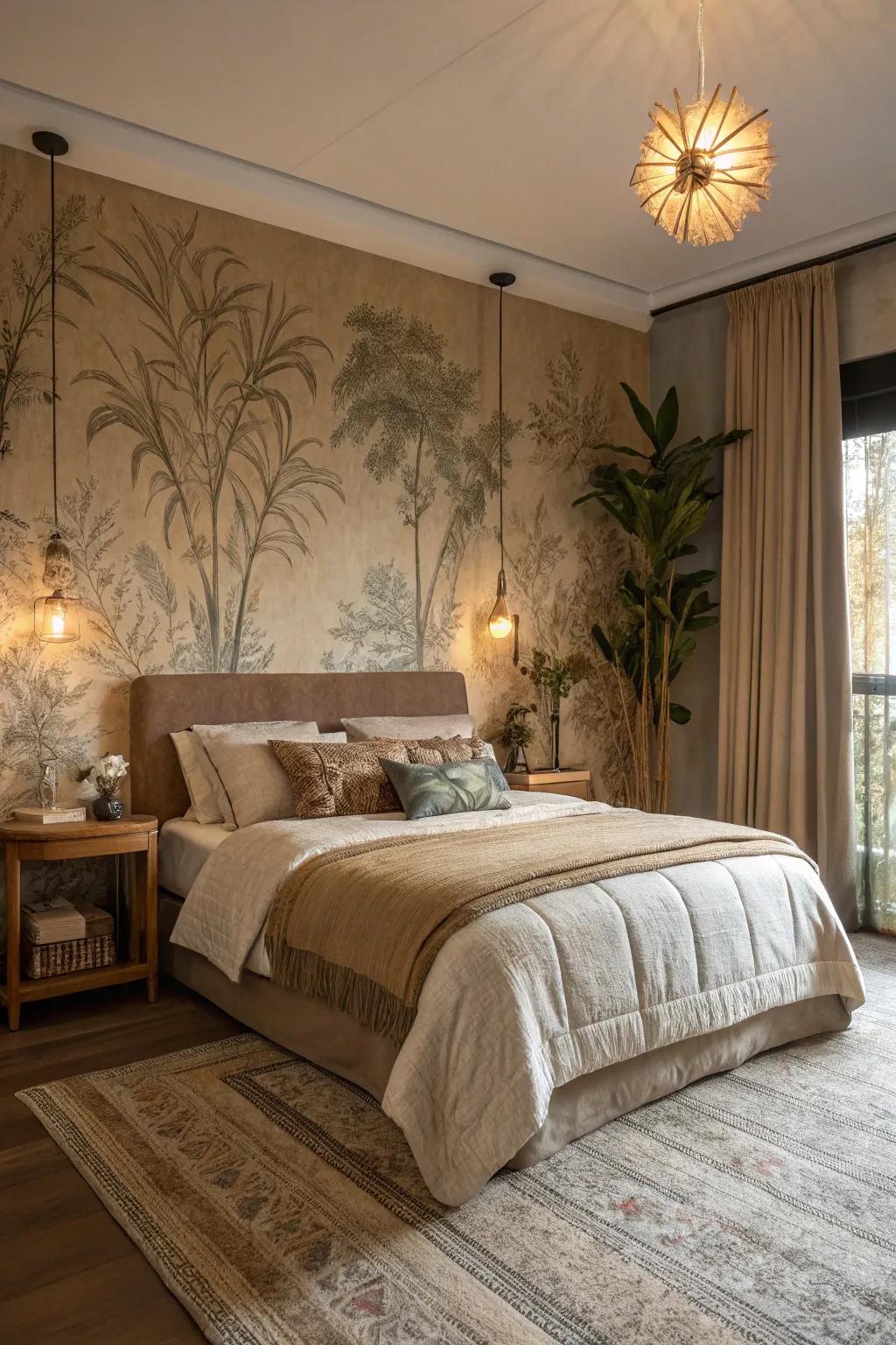 Fabric wallpaper in cozy earthy tones creates a tranquil retreat.