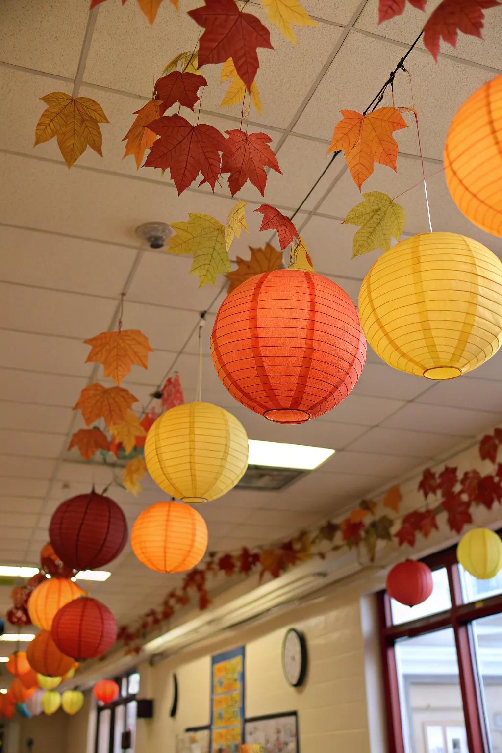 Whimsical paper globes dance in autumn hues.