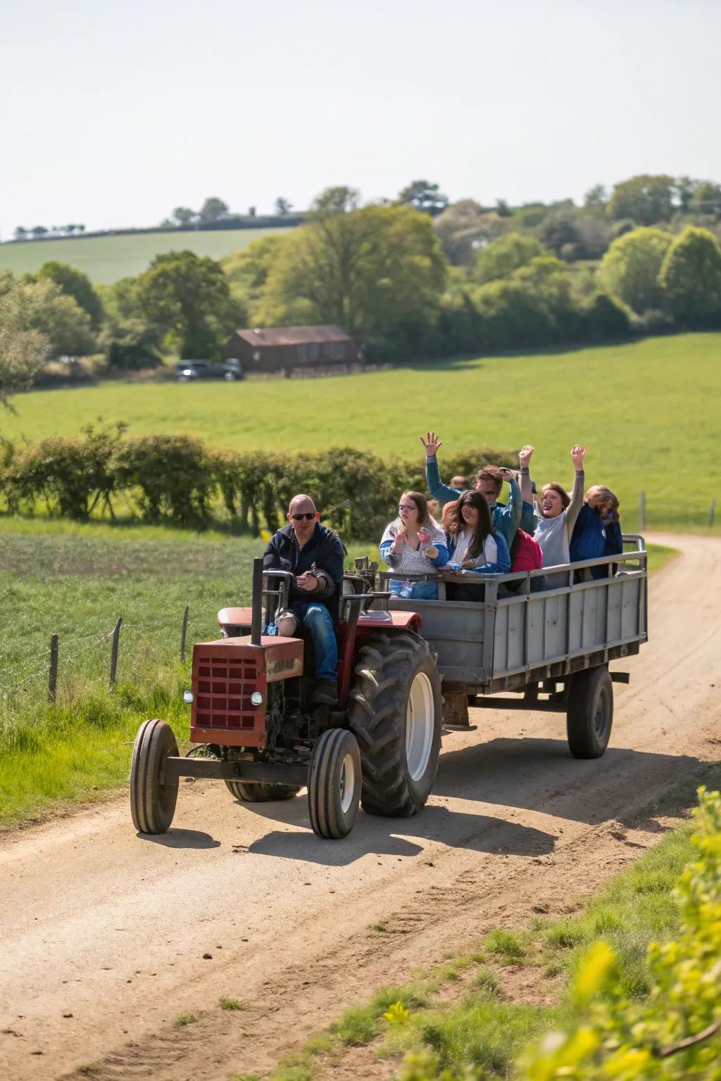 Charming wheeled vehicle journeys contribute a rustic touch to the celebration