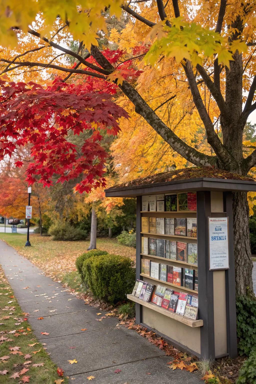 A captivating 'Leaf Through a Good Book' themed bulletin board.