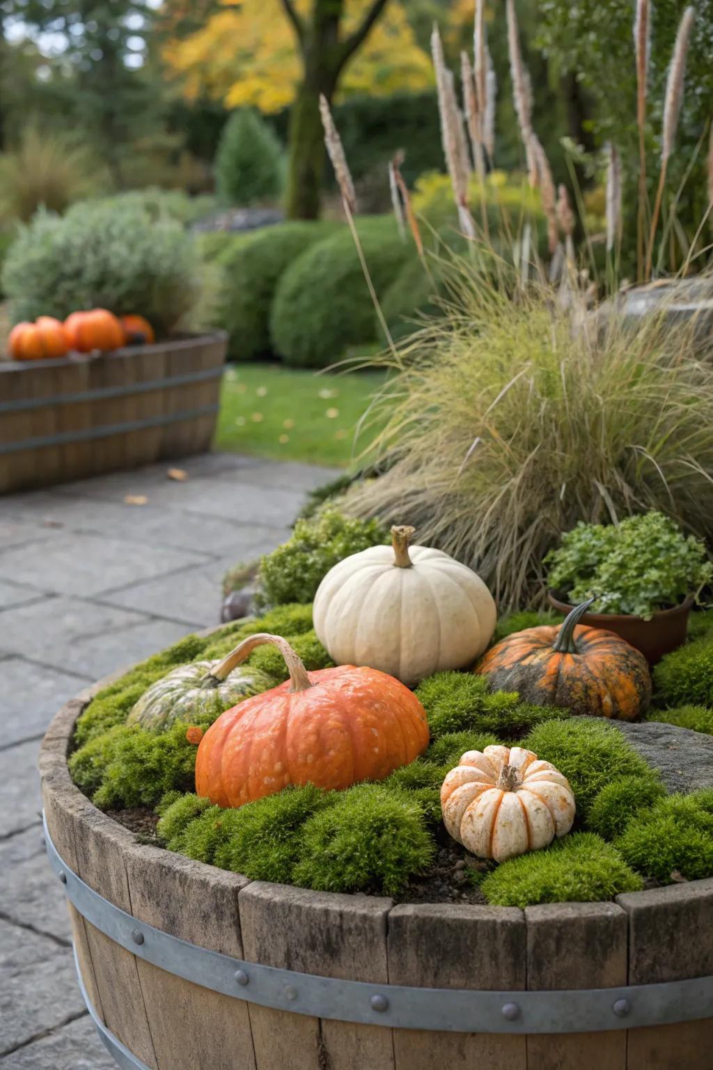 A plant cover bed provides a lush, earthy foundation for gourds.