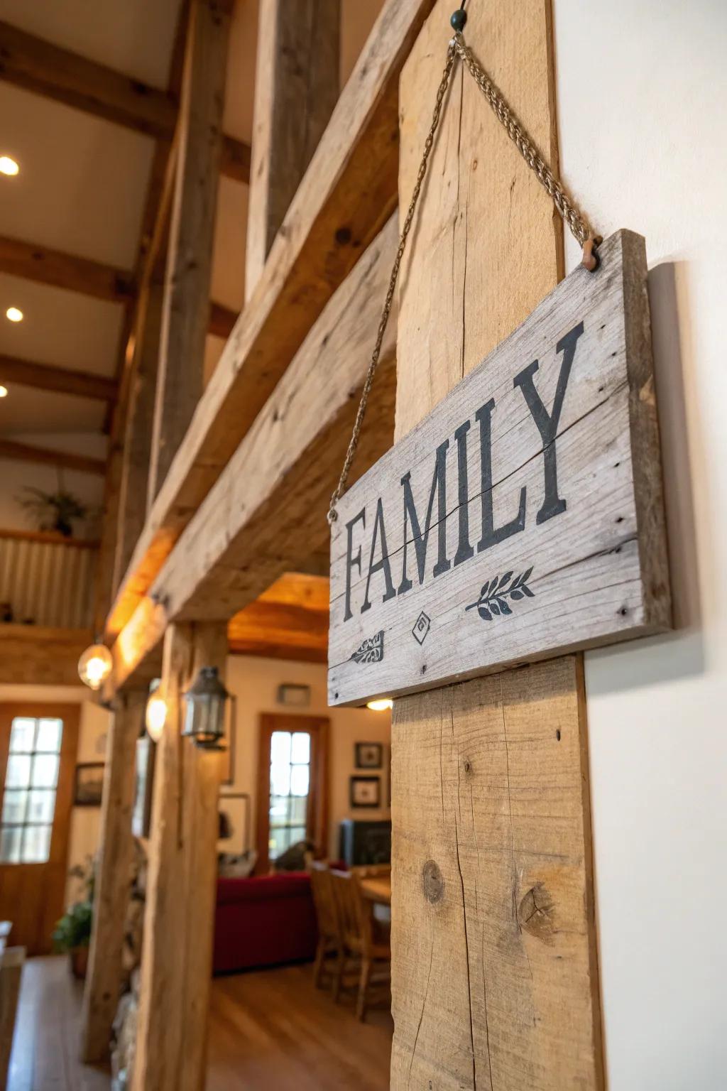 A salvaged lumber family name display imparts rustic charm to a dwelling.