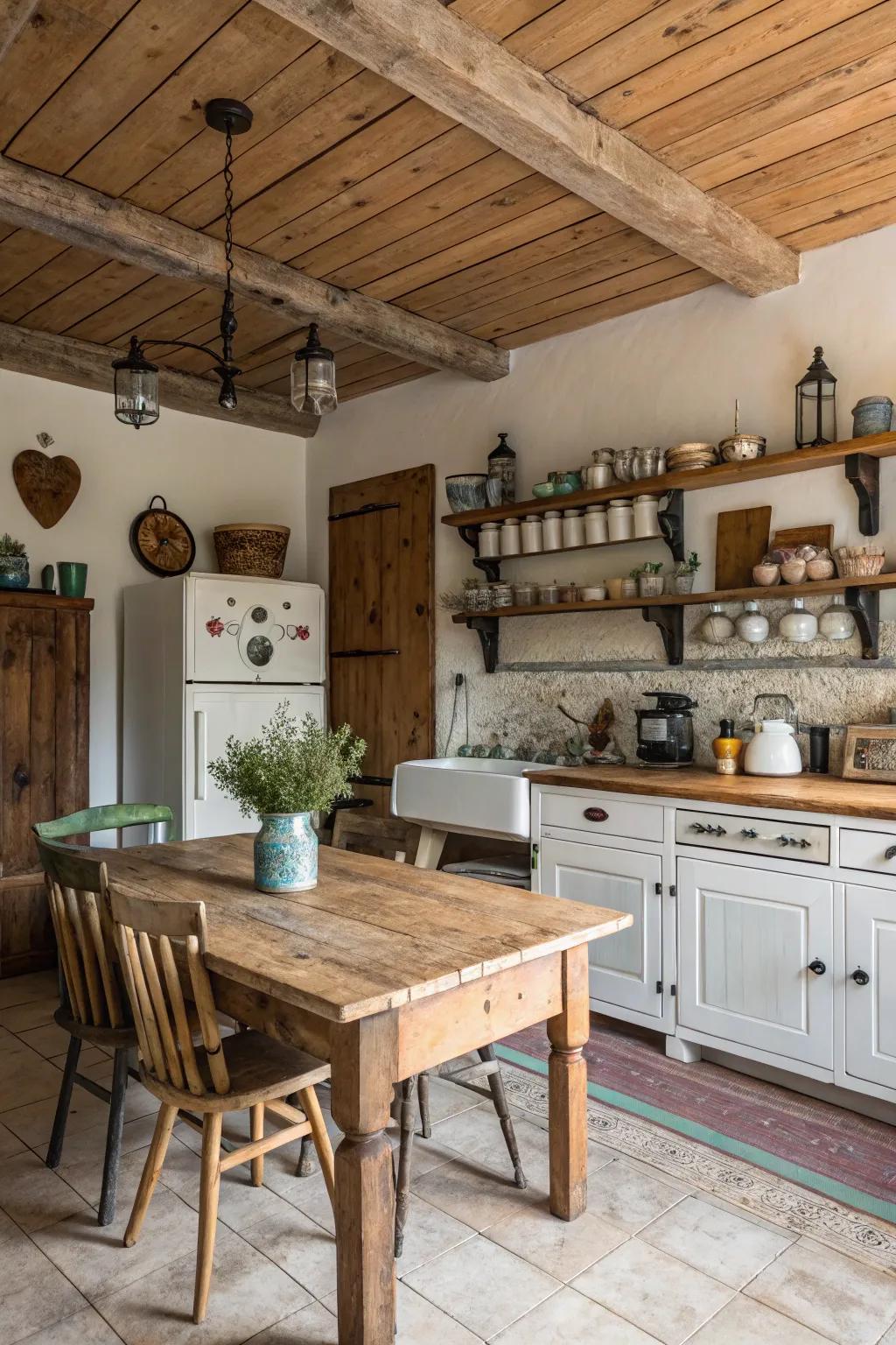 Wooden planks impart warmth and texture to this farmhouse kitchen ceiling.