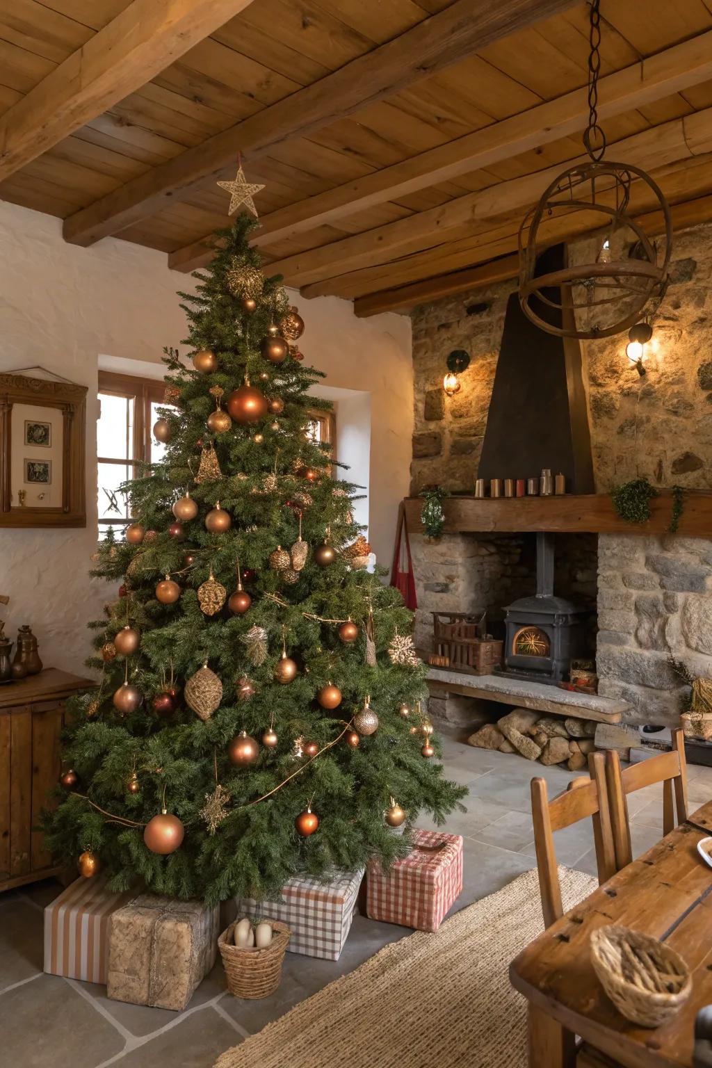 Copper and bronze decorations inject a subtle gleam to this farmhouse tree.