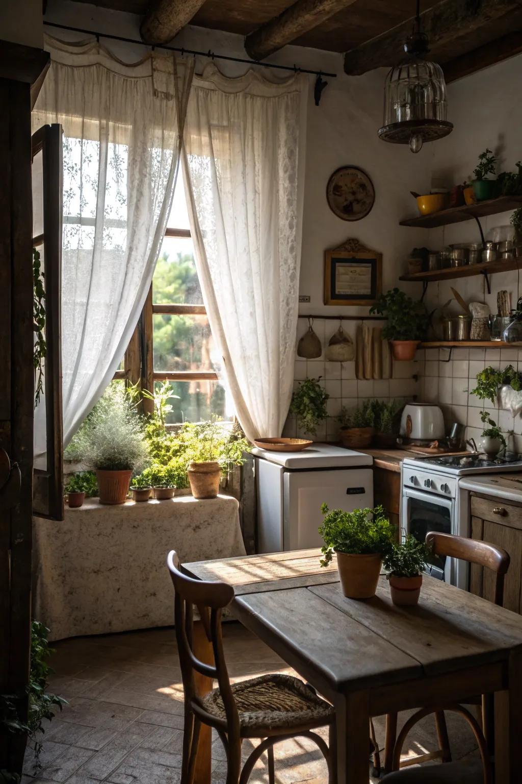 Quaint bistro curtains enhancing the rustic charm of a farmhouse kitchen.