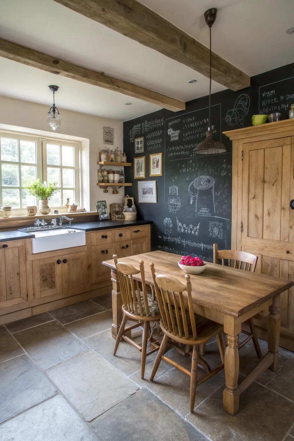 A farmhouse cooking area with a functional chalkboard paint backsplash.