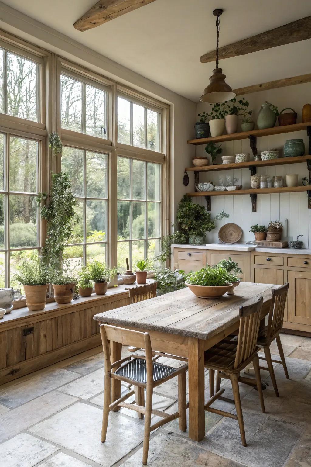 A farmhouse kitchen flooded with natural light from big windows.