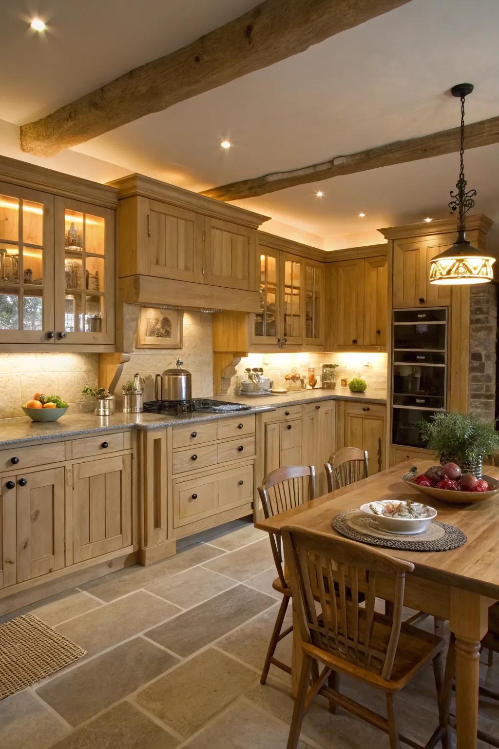Under-cabinet illumination accentuates the beauty of pale timber cabinetry.