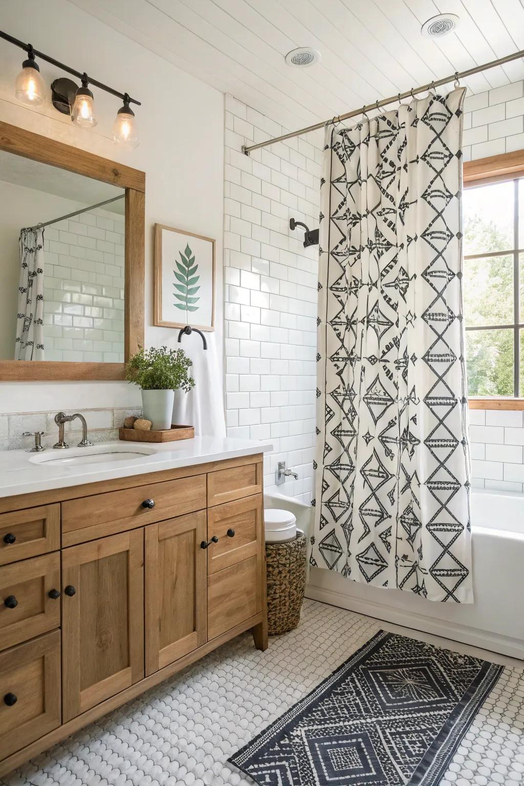 A modern farmhouse bathroom with a geometric shape shower drape.