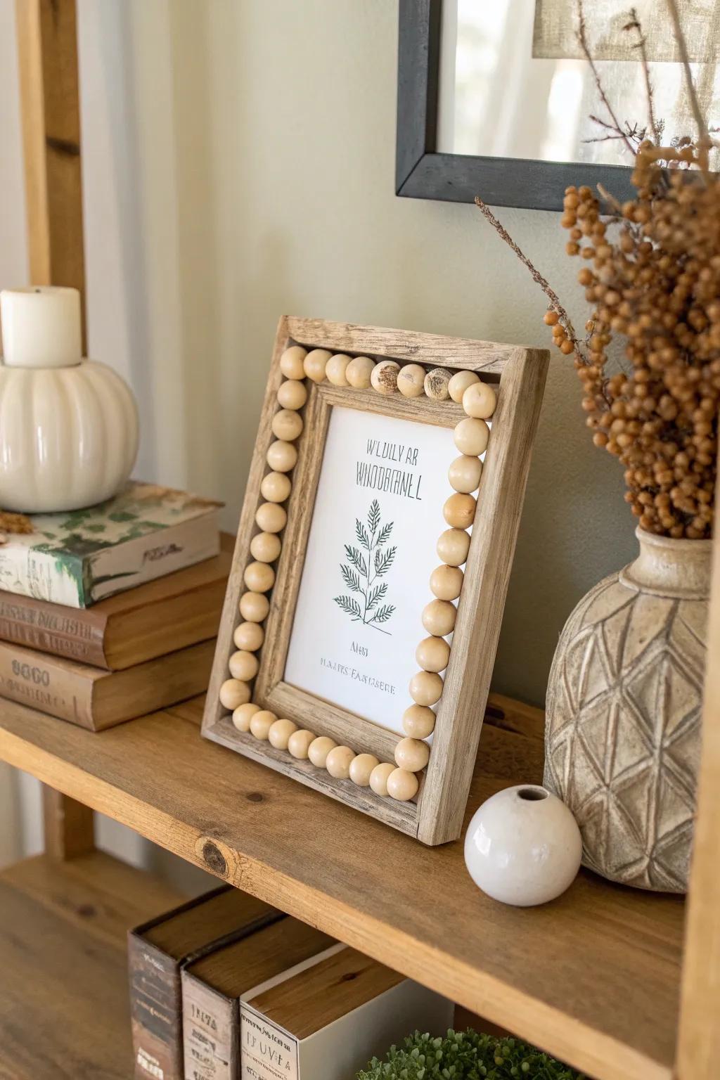 Picture frame adorned with timber-sphere strand.