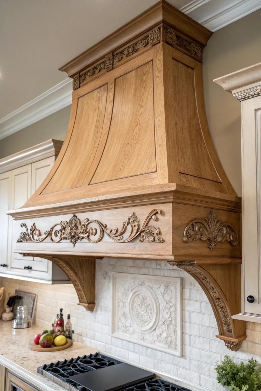 Ornamental supports add traditional elegance to a range hood.