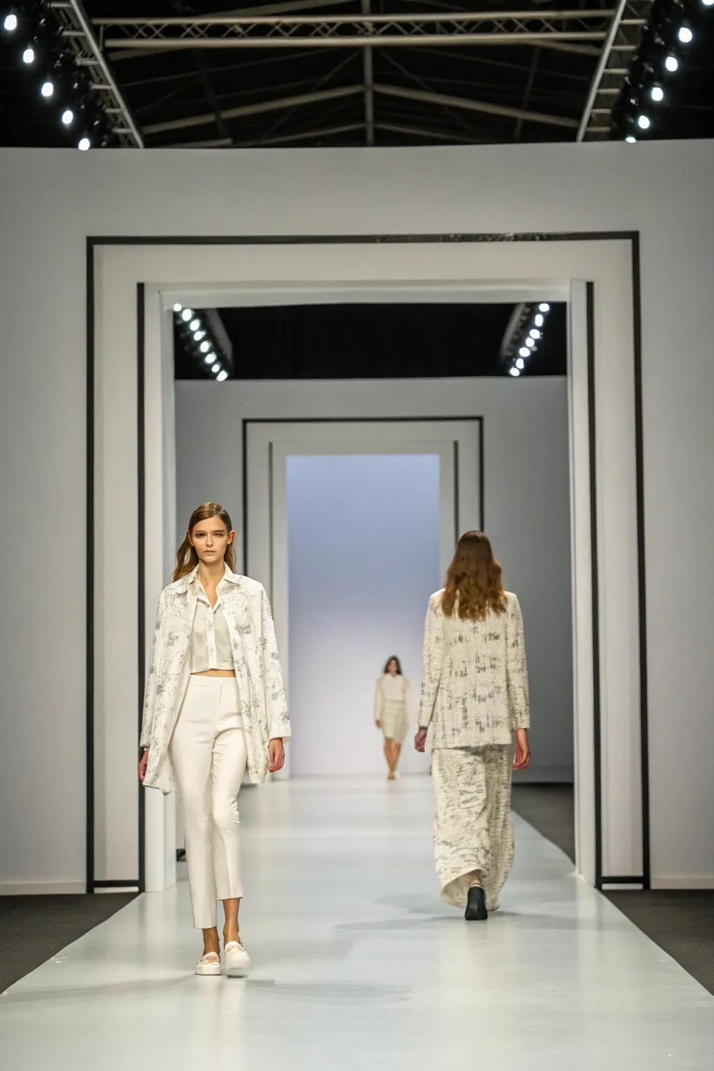 Symmetrical entrances introduce a sense of equilibrium and harmony to the fashion stage.