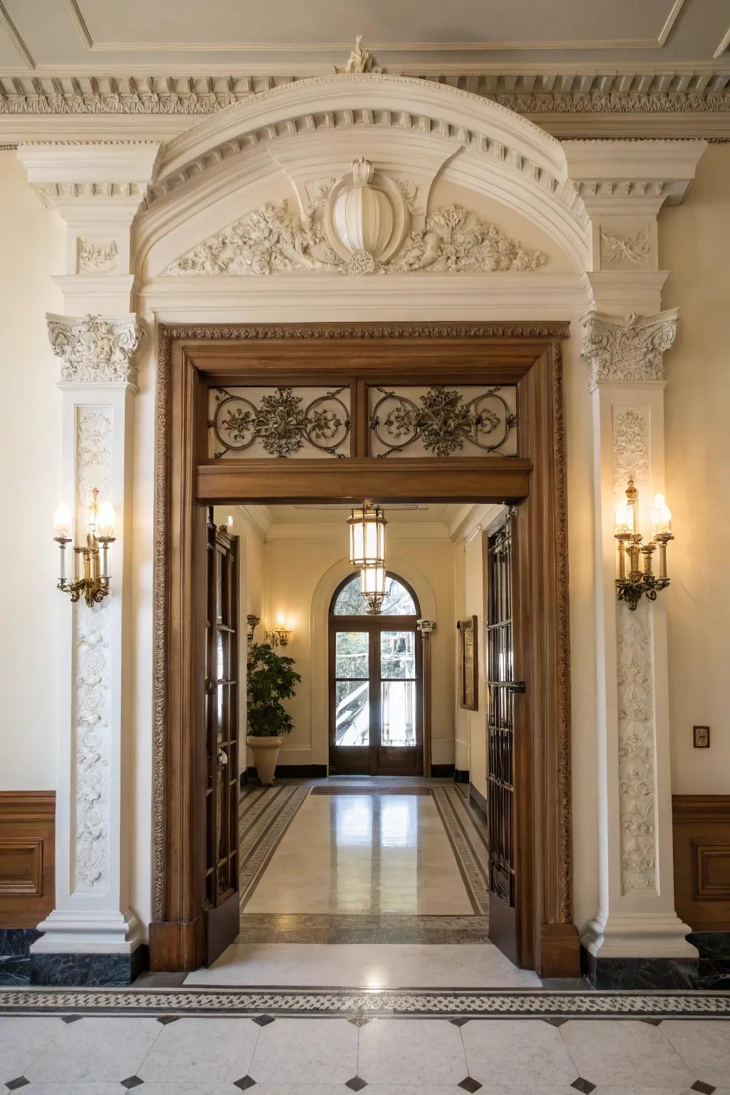 Impressive entrances created using faux crown molding.
